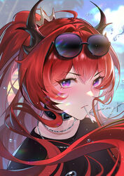  absurdres arknights artist_name black_choker black_shirt breasts chinese_commentary choker commentary_request crop_top cross cross_necklace crown eyewear_on_head female hair_between_eyes highres horns jewelry joannne long_hair looking_at_viewer mini_crown necklace official_alternate_costume purple_eyes red_hair shirt solo sunglasses surtr_(arknights) surtr_(liberte_echec)_(arknights) upper_body water_drop 