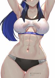  abs alternate_costume armpits arms_up artist_name ass_visible_through_thighs black_buruma blue_hair blush breasts buruma cameltoe clothing_cutout collarbone colored_inner_hair commentary cowboy_shot curvy english_commentary female hololive hololive_english large_breasts light_smile long_hair multicolored_hair muscular muscular_female myth1carts navel ouro_kronii patreon_logo pixiv_logo simple_background solo sports_bra stomach sweat thigh_gap thighs toned twitter_logo two-tone_hair underboob_cutout virtual_youtuber white_background white_sports_bra wide_hips 