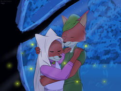  4:3 5_fingers ambient_arthropod ambient_firefly ambient_insect anthro arthropod beetle canid canine canis canon_couple closed_eyes clothed clothing cuddling daww disney duo elateroid female fingers firefly fox fur headdress headgear headwear hug insects love maid_marian male male/female mammal night outside plant red_fox robin_hood robin_hood_(disney) romantic romantic_ambiance romantic_couple smile tree true_fox unavailable_at_source wimple yukkooart 