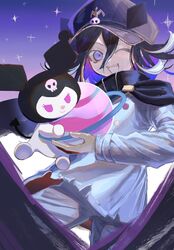  1boy ;d black_cape black_hair black_headwear buttons cape danganronpa_(series) danganronpa_v3:_killing_harmony double-breasted foca_(sello20582612) gradient_background grey_jacket grey_pants hat highres holding_planet jacket kuromi long_sleeves looking_at_viewer male_focus medium_hair oma_kokichi one_eye_closed onegai_my_melody open_mouth pants pink_eyes purple_hair sanrio smile teeth upper_teeth_only 