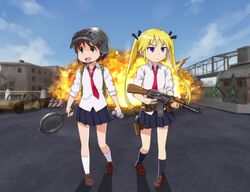  2girls :d akm assault_rifle backpack bag black_ribbon black_skirt black_socks blonde_hair blue_sky blush brown_eyes brown_footwear brown_hair building can car closed_mouth cloud collared_shirt commentary_request cosplay day energy_drink explosion frown frying_pan gun hair_ribbon happy holding holding_can holding_frying_pan holding_gun holding_weapon holster kalashnikov_rifle kill_me_baby lone_survivor_(pubg) lone_survivor_(pubg)_(cosplay) long_hair looking_to_the_side loose_necktie miniskirt mohya motor_vehicle multiple_girls necktie open_mouth oribe_yasuna outdoors playerunknown&#039;s_battlegrounds pleated_skirt purple_eyes red_bull red_necktie ribbon rifle school_uniform shadow shirt shoes short_hair skirt sky sleeves_rolled_up smile socks sonya_(kill_me_baby) star_(symbol) thigh_holster twintails walking weapon white_shirt white_socks 