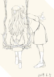  2girls absurdres arms_behind_back bent_over bow braid commentary couple dated english_commentary flower gift hair_ornament highres implied_kiss kissing koito_yuu lily_(flower) long_hair long_skirt multiple_girls ribbon saeki_sayaka school_uniform seat short_hair simple_background skirt standing swing thighhighs white_legwear wutian_buchi_yu yagate_kimi_ni_naru yuri 