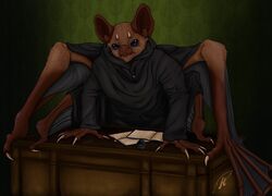  4_wings 5_fingers absurd_res angry anthro bat black_cloak black_clothing black_wings blue_eyes brown_body brown_desk brown_ears brown_fur brown_nose claws cloak clothing curator_(species) desk fingers fur furniture green_background green_wall hands_on_table hi_res horn inkwell long_fingers male male_(lore) male_anthro mammal mr._ventures multi_wing paper scratches simple_background solo sunless_skies table victorian white_claws wing_claws wings wyatttheriot 