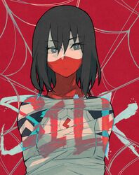  absurdres animification black_hair bodysuit bound breasts character_name cindy_moon english_commentary female highres looking_at_viewer marvel mask medium_breasts mouth_mask red_background short_hair silk silk_(marvel) skin_tight solo spider-man_(series) spider_web spider_web_print superhero_costume sushi_pizza_rrr tied_up_(nonsexual) 