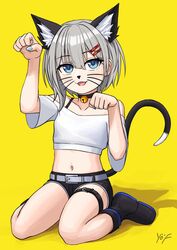  :3 animal_ear_fluff animal_ears ankle_boots arm_up artist_name bad_id bad_twitter_id bare_shoulders bell belt belt_buckle black_choker black_footwear black_shorts blue_eyes blue_nails blush boots bra_strap buckle cat_day cat_ears cat_nose cat_tail choker collarbone commentary crop_top female grey_hair hair_between_eyes hair_ornament hairclip hand_up highres jingle_bell looking_at_viewer medium_hair midriff nail_polish navel neck_bell off-shoulder_shirt off_shoulder open_mouth paw_pose rurine_luna shadow shirt short_shorts shorts signature sitting solo stomach tail thigh_belt thigh_strap virtual_youtuber wactor_production wariza whiskers white_belt white_shirt yellow_background yof_(sc_gazer) 