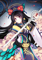  black_hair butterfly_ornament chinese_clothes dan_fei dress female frilled_sleeves frills hair_tubes hat highres long_hair long_sleeves purple_eyes smile sword thunderbolt_fantasy weapon xunling 