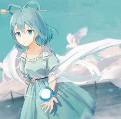  aqua_background aqua_dress belt bird blue_eyes blue_hair blurry breasts closed_mouth collarbone cowboy_shot danmaku depth_of_field dress dutch_angle energy_ball female fence flower hagoromo hair_between_eyes hair_rings kaku_seiga looking_at_viewer md5_mismatch open_clothes open_vest puffy_short_sleeves puffy_sleeves shawl short_hair short_sleeves sky small_breasts smile solo standing touhou vest white_bird yuyin_(uzrv7533) 