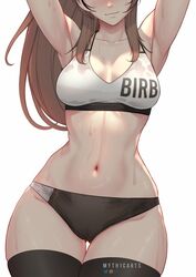  alternate_costume armpits arms_up artist_name ass_visible_through_thighs black_buruma blush breasts brown_hair buruma cameltoe collarbone commentary cowboy_shot curvy english_commentary female hololive hololive_english linea_alba medium_breasts myth1carts nanashi_mumei navel patreon_logo pixiv_logo simple_background smile solo sports_bra stomach sweat thick_thighs thigh_gap thighhighs thighs twitter_logo virtual_youtuber white_background white_sports_bra wide_hips 