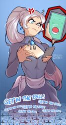  anger_vein blue_eyes breasts cleavage closed_mouth cowboy_shot earrings english_commentary english_text female gem grey_hair haysey highres holding holding_phone jewelry long_sleeves medium_breasts phone pokemon pokemon_go ponytail rwby solo speech_bubble weiss_schnee 