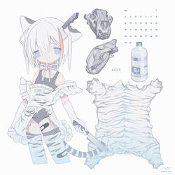  2022 animal_ears animal_skull apron bandaid bandaid_on_clothes bandaid_on_leg bandaid_on_thigh bangs bare_shoulders blue_eyes bottle chinese_zodiac choker collarbone commentary cowboy_shot cropped_legs elbow_gloves female film_grain frilled_apron frills gloves grey_one-piece_swimsuit grey_thighhighs hair_between_eyes highres holding holding_knife knife knife_in_head layered_legwear looking_at_viewer multicolored_hair one-piece_swimsuit original outo_eguchi parted_lips pelt poison_(final_fight) ribbon ribbon_choker short_hair signature simple_background solo standing streaked_hair swimsuit tail thighhighs tiger_ears tiger_girl tiger_pelt tiger_tail torn_apron torn_clothes torn_thighhighs twitter_username white_apron white_background white_choker white_gloves white_hair white_ribbon white_thighhighs year_of_the_tiger 