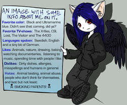  2005 acid_(helena_soderberg) alternative_fashion anthro black_clothing black_wings blank_expression blue_hair bottomwear breasts character_bio clothing denim denim_bottomwear denim_clothing domestic_cat english_text feathered_wings feathers felid feline felis female footwear glamfur goth hair helena_soderberg hoodie inner_ear_fluff jeans looking_at_viewer low_res mammal model_sheet pants red_eyes shoes small_breasts sneakers solo text topwear tuft wings 