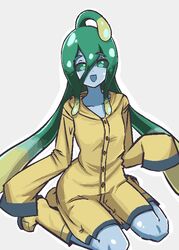  :d boots chained_tan coat collarbone colored_sclera commentary english_commentary female green_eyes green_hair green_sclera grey_background hair_between_eyes long_hair monster_girl monster_musume_no_iru_nichijou open_mouth raincoat sitting sleeves_past_fingers sleeves_past_wrists slime_girl smile solo suu_(monster_musume) very_long_hair wariza yellow_coat yellow_footwear yellow_raincoat 