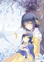  2girls :&lt; :t absurdres animal_ears black_hair coat crazy_rin eyebrows_hidden_by_hair flower hand_on_another&#039;s_head headpat highres hug japanese_clothes kuon_(utawarerumono) leaf long_hair mother_and_daughter multiple_girls petting scarf sitting sitting_on_person smile tail tree utawarerumono utawarerumono:_futari_no_hakuoro utawarerumono:_itsuwari_no_kamen yellow_eyes yuzuha_(utawarerumono) 