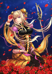  blonde_hair blunt_bangs chinese_clothes double_bun female flower hair_bun hair_ornament jewelry long_hair purple_flower purple_rose rapier red_flower red_rose rose seiza sitting sword thunderbolt_fantasy weapon xie_yingluo xunling 