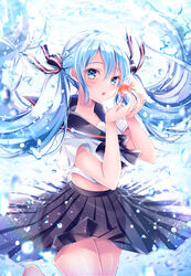  air_bubble animal black_bow black_sailor_collar black_skirt blue_eyes blue_hair blush bottle_miku bow bubble commentary day female fish floating_hair goldfish hair_between_eyes hands_up hatsune_miku highres long_hair looking_at_viewer nemuri_nemu outdoors parted_lips pleated_skirt sailor_collar shirt short_sleeves skirt solo thighs twintails underwater very_long_hair vocaloid water white_shirt 