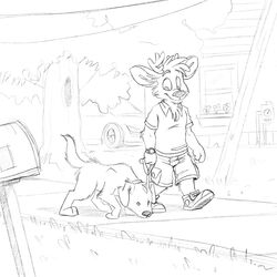  1:1 anthro black_and_white bottomwear building canid canine canis car cargo_shorts clock clothed clothing collar darwin_(tinydeerguy) deer domestic_dog feral flower footwear fully_clothed grass hi_res holding_leash holding_object house leash leashed_collar looking_at_another looking_down_at_another mailbox male mammal meter monochrome outside plant polo_shirt shirt shoes shorts sidewalk sneakers sniffing tinydeerguy topwear tree untucked_shirt urban vehicle walkies walking watch 