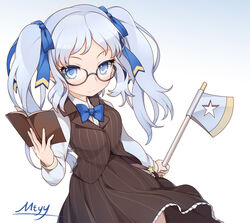  axe blue_bow blue_bowtie blue_eyes blue_hair book bow bowtie brown_dress closed_mouth commentary_request dress female glasses hair_ribbon holding holding_axe holding_book looking_at_viewer mtyy name_tag photoshop_(medium) pleated_skirt ribbon shirt simple_background skirt solo star_(symbol) striped_clothes striped_dress twintails waistcoat warship_girls_r washington_(warship_girls_r) weapon 