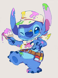  2012 4_fingers 4_toes alien ambiguous_gender belt blue_body blue_claws blue_eyes blue_fur blue_nose blush brush claws clothing derimiko digital_media_(artwork) disney disney_parks experiment_(lilo_and_stitch) feet fingers fur grey_background hat headgear headwear kerchief lilo_and_stitch looking_at_viewer messy neckerchief no_sclera notched_ear one_eye_closed paint paintbrush simple_background smile smirk solo spray_can stitch_(lilo_and_stitch) toes tokyo_disneyland wink 