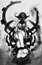  bad_id bad_pixiv_id barefoot black_hair blindfold chains chair colored_skin commentary crossed_legs female gas_mask gears knees legs loose_clothes mask mechanical original rubble short_hair sitting solo tmt unfinished white_skin 