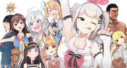  &gt;_&lt; .live 2boys 6+girls ankimo_(tokino_sora) aoi_ch. black_hair blonde_hair blue_eyes blush brown_eyes brown_hair closed_eyes commentary cosplay costume_switch dennou_shoujo_siro elbow_gloves fangs frown fuji_aoi gloves grey_hair hair_ornament hairclip highres hololive indie_virtual_youtuber kaguya_luna kaguya_luna_(cosplay) kemomimi_oukoku_kokuei_housou kikunojo_(fuji_aoi) kizuna_ai kizuna_ai_(cosplay) kizuna_ai_inc. looking_at_viewer mikoko_(kemomimi_oukoku_kokuei_housou) minamoto_genki mirai_akari mirai_akari_project mole mole_under_eye multiple_boys multiple_girls one_eye_closed sahana_(vtuber) short_hair smile stuffed_animal stuffed_toy sweat teddy_bear the_moon_studio tokino_sora tokino_sora_(old_design) tongue tongue_out upper_body very_short_hair virtual_youtuber w wataro_(watawatawatapon) white_background 