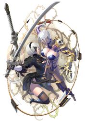  2b_(nier:automata) 2girls absurdres asymmetrical_clothes bad_anatomy bad_perspective battle black_blindfold black_dress black_legwear blindfold boots breasts cleavage_cutout clothing_cutout covered_eyes crossover dress duel eye_contact feather-trimmed_sleeves feather_trim full_body gauntlets gloves hair_over_one_eye hairband highres huge_weapon isabella_valentine kawano_takuji lace_trim large_breasts lips lipstick long_sleeves looking_at_another makeup medium_breasts multiple_girls nier:automata nier_(series) official_art open_mouth puffy_sleeves purple_lips revealing_clothes short_hair simple_background single_gauntlet skindentation skull soulcalibur soulcalibur_vi sword thigh_boots thighhighs thorns turtleneck two-sided_dress two-sided_fabric virtuous_contract virtuous_treaty weapon whip_sword white_gloves white_hair 