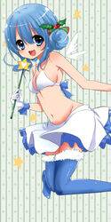  :d alternate_costume alternate_hairstyle bikini bikini_top_only blue_eyes blue_hair blue_thighhighs blush breasts cirno commentary_request female hair_ornament highres holly holly_hair_ornament looking_at_viewer medium_breasts navel negiko oerba_yun_fang open_mouth short_hair skirt smile solo star_(symbol) striped striped_background swimsuit symbol_in_eye thighhighs touhou vertical_stripes wand white_bikini wings zettai_ryouiki 