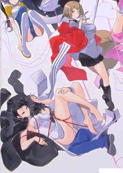  1boy 2girls barefoot black_eyes black_hair blue_eyes blue_pants breast_smother breasts brown_eyes brown_hair bunny_hood captured china_dress chinese_clothes devi_survivor devil_survivor_2 dress expressionless hair hand_on_leg hoodie kanno_fumi laptop large_breasts megami_ibunroku_devil_survivor multiple_girls nitta_io panties removing_panties short_hair side-tie_panties side_slit simple_background straight sweatdrop tied_up underwear untied untied_panties waifu2x white_hoodie yasuda_suzuhito 