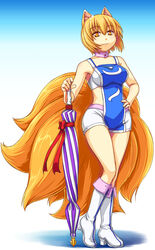  adapted_costume blonde_hair boots breasts commentary_request female fox_tail kagelantern medium_breasts multiple_tails race_queen shorts solo tail touhou yakumo_ran yellow_eyes 