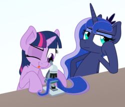  2017 absurd_res alicorn annoyed anthro blue_eyes blue_hair cosmic_hair duo equid equine ethereal_hair female friendship_is_magic hair hasbro hi_res horn laboratory_equipment long_hair mammal microscope multicolored_hair my_little_pony mythological_creature mythological_equine mythology one_eye_closed princess_luna_(mlp) pseudo_hair purple_eyes scientific_instrument semi-anthro simple_background tongue tongue_out twilight_sparkle_(mlp) unicorn white_background wings zutheskunk 