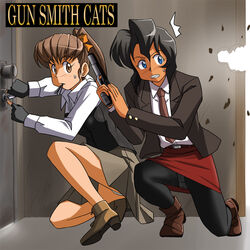  2girls ^^^ black_hair black_legwear blue_eyes blush bob_cut boots bow brown_eyes commentary_request copyright_name dark-skinned_female dark_skin fingerless_gloves gloves gun gunsmith_cats hairbow handgun lielos lockpick long_hair misty_brown multiple_girls necktie panties panties_under_pantyhose pantyhose pantyshot ponytail rally_vincent short_hair skirt sweat underwear weapon 