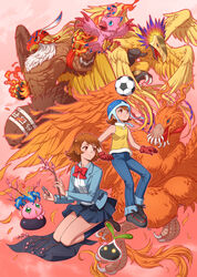  2girls age_comparison ball birdramon brown_hair chinese_commentary commentary_request denim digimoji digimon digimon_(creature) digimon_adventure digimon_adventure_tri. eclosion evolutionary_line full_body garudamon gloves hat holy_ring hououmon jeans multiple_girls multiple_persona nyokimon pants photoshop_(medium) piyomon pyocomon school_uniform short_hair soccer_ball takenouchi_sora telstar tsukishima_general_high_school_uniform 