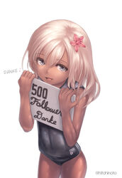  blonde_hair blue_eyes crop_top flower german hair_flower hair_ornament hard_translated hitohinoto hits kantai_collection one-piece_tan ro-500_(kantai_collection) sailor_collar school_swimsuit sign simple_background solo swimsuit swimsuit_under_clothes tan tanline thank_you translated 