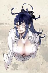  antenna_hair bad_id bad_pixiv_id black_bow black_hair bow breasts buttons cleavage closed_mouth collarbone collared_shirt dress_shirt female glasses hair_ornament hair_ribbon hairbow hamutz_meseta large_breasts long_hair long_sleeves maeshima_shigeki open_clothes open_shirt partially_unbuttoned purple_eyes ribbon shirt sidelocks sleeves_rolled_up smile solo tatakau_shisho white_shirt 