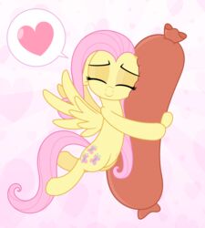  2017 absurd_res cutie_mark equid equine feathered_wings feathers female feral fluttershy_(mlp) food friendship_is_magic hair hasbro heart_symbol hi_res hug mammal meat my_little_pony mythological_creature mythological_equine mythology pegasus pink_hair sausage semi-anthro smile solo wings yellow_body yellow_feathers zutheskunk 