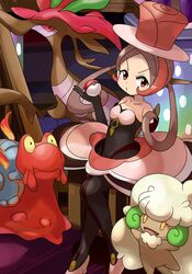  bad_id bad_pixiv_id battle_chatelaine brown_hair commentary_request covered_navel dana_(pokemon) dragalge dress elbow_gloves female gloves hat hayasaka_(neoneet) highres magcargo pantyhose poke_ball poke_ball_(basic) pokemon pokemon_(creature) pokemon_xy red_eyes top_hat whimsicott 