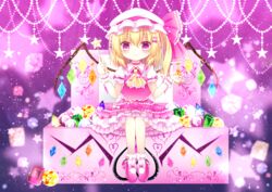  ankle_socks ascot bad_id bad_pixiv_id blonde_hair blue_gemstone choker female flandre_scarlet footwear_ribbon frilled_skirt frills gem green_gemstone hair_ornament hat hat_ribbon highres himetsuki_luna jewelry_box light_particles looking_at_viewer mary_janes mob_cap orange_gemstone puffy_short_sleeves puffy_sleeves purple_background red_eyes red_gemstone ribbon shoes short_hair short_sleeves side_ponytail sitting sitting_on_object skirt skirt_set smile socks solo star_(symbol) touhou wand wings wrist_cuffs yellow_gemstone 