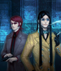  2boys artist_name baofu black_hair cigarette commentary_request formal glasses gun long_hair multiple_boys persona persona_2 persona_2_batsu photoshop_(medium) realistic red_hair sideburns suit sunglasses suou_katsuya watermark weapon yakizakana 