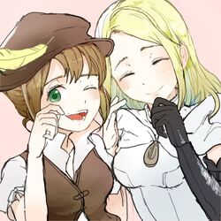  2girls blonde_hair brown_hair closed_eyes commentary_request dress gloves green_eyes hat highres jewelry long_hair multiple_girls necklace octopath_traveler octopath_traveler_i one_eye_closed open_mouth ophilia_clement rico_ot short_hair simple_background smile tressa_colzione 