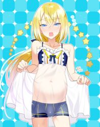  1boy babydoll blonde_hair blue_eyes blush bulge commentary crossdressing hair_between_eyes hair_ribbon highres looking_at_viewer male_focus male_pregnancy male_swimwear mama_(marui_shiro) marui_shiro midriff navel original otoko_no_ko ponytail pregnant ribbon smile solo swim_briefs 