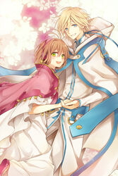  1boy :d antenna_hair blonde_hair blue_eyes blue_ribbon brown_hair cape cloak commentary_request dress fai_d._flowright female green_eyes hair_ribbon hairband highres holding_hands hood hooded_cloak leg_up long_dress long_hair looking_at_viewer ocha_(hutuumikan) open_mouth pants photoshop_(medium) pink_hairband ribbon sakura_hime smile tsubasa_chronicle white_cloak white_dress white_pants 