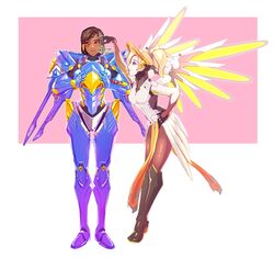  2girls armor bent_over black_hair blonde_hair blush bodysuit braid breasts brown_eyes brown_legwear commentary daenkot dark-skinned_female dark_skin english_commentary eye_of_horus facial_mark facial_tattoo faulds full_body glowing glowing_wings hair_tubes halo hand_on_own_hip high_ponytail highres holding holding_mistletoe leaning_forward looking_at_another looking_at_viewer looking_away mechanical_halo mechanical_wings medium_breasts mercy_(overwatch) mistletoe multiple_girls overwatch overwatch_1 pantyhose pelvic_curtain pharah_(overwatch) pink_background power_armor rectangle removing_helmet side_braids sideways_glance simple_background smile spread_wings standing tattoo teasing white_background wings yellow_wings 