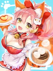  animal_ear_fluff animal_ears animal_hands apron bad_id bad_pixiv_id bare_shoulders bell breasts cat_hair_ornament cat_paws china_dress chinese_clothes chinese_food cleavage cleavage_cutout clothing_cutout collar collarbone dress fangs fate/grand_order fate_(series) female food fox_ears fox_tail gloves hair_ornament hair_ribbon jingle_bell large_breasts long_hair looking_at_viewer maid maid_headdress neck_bell nekomiya_noru_(yuduki710) oerba_yun_fang omelet omurice open_mouth paw_gloves pink_hair ponytail red_ribbon ribbon skin_fang solo steam tail tamamo_(fate) tamamo_cat_(fate) waist_apron 