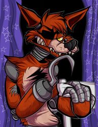  2015 animatronic anthro canid canine curtains eye_patch eyewear fatalsyndrome five_nights_at_freddy&#039;s fox foxy_(fnaf) fur hi_res hook hook_hand machine male mammal pirate robot scottgames solo yellow_eyes 