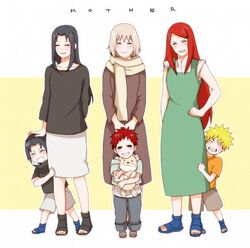  3boys 3girls apron black_hair blonde_hair blush chie_(narutomom) closed_eyes commentary_request facial_mark family gaara_(naruto) grin group_picture karura_(naruto) long_hair md5_mismatch mother&#039;s_day mother_and_son multiple_boys multiple_girls naruto naruto_(series) naruto_shippuuden open_mouth red_hair scarf short_hair simple_background smile stuffed_animal stuffed_toy teddy_bear time_paradox uchiha_mikoto uchiha_sasuke uzumaki_kushina uzumaki_naruto whisker_markings 