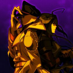  albedo armor artist_request back-to-back black_hair female hat nazi overlord_(maruyama) pandora&#039;s_actor purple_background 