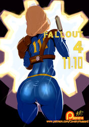  ass blonde_hair bodysuit cavalry clothed dat_ass fallout fallout_4 female gun long_hair pip-boy sole_survivor sole_survivor_(female) solo standing vault_dweller vault_girl vault_suit weapon 