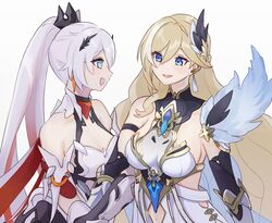  2girls :d bare_shoulders bianka_durandal_ataegina bianka_durandal_ataegina_(palatinus_equinox) black_gloves blue_eyes breasts clothing_cutout commentary dress earrings elbow_gloves eye_contact gloves grey_hair hair_between_eyes highres honkai_(series) honkai_impact_3rd jewelry kiana_kaslana kiana_kaslana_(herrscher_of_flamescion) light_brown_hair looking_at_another medium_breasts multicolored_hair multiple_girls navel navel_cutout piri ponytail profile siblings simple_background sisters smile streaked_hair white_background white_dress white_hair 