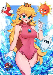  angry_sun blonde_hair blooper_(mario) blue_eyes blush breasts brooch cheep_cheep commentary_request covered_navel crown dripping earrings female frilled_one-piece_swimsuit frills gloves highres jewelry large_breasts long_hair mario mario_(series) narrow_waist one-piece_swimsuit open_mouth pale_skin pink_one-piece_swimsuit princess_peach sphere_earrings swimsuit thighs wakaba_(wata_ridley) water wet white_gloves wide_hips 