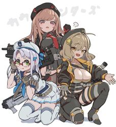  3girls anis_(nikke) assault_rifle beret black_footwear black_gloves black_headwear black_jacket black_leotard black_shorts black_thighhighs blue_neckerchief breasts brown_hair brown_thighhighs chibi cleavage collared_leotard counters_(nikke) cropped_jacket fingerless_gloves full_body glasses gloves goddess_of_victory:_nikke green_eyes grenade_launcher grey_shirt gun hand_on_own_cheek hand_on_own_face hat high_heels highres jacket kunikuni_(kunihiro2005) large_breasts leotard light_blush long_hair militaria_(nikke) multiple_girls neckerchief necktie neon_(nikke) open_hands orange_eyes orange_gloves over-rim_eyewear pleated_skirt rapi_(nikke) rectangular_eyewear red-framed_eyewear red_necktie rifle sailor semi-rimless_eyewear shirt short_hair short_shorts shorts shotgun skirt thigh_strap thighhighs translation_request two-tone_gloves weapon white_hair white_headwear yellow_eyes zettai_ryouiki 