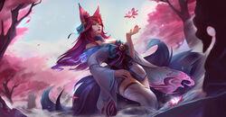  ahri akane_iro_ni_somaru_saka animal_ears bcopy japanese_clothes kitsune league_of_legends no_bra tail thighhighs wet 